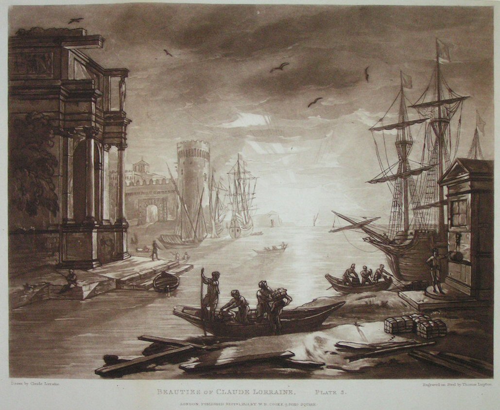 Mezzotint - Beauties of Claude Lorraine. - Plate 3. (Seaport at Sunset) - Lupton